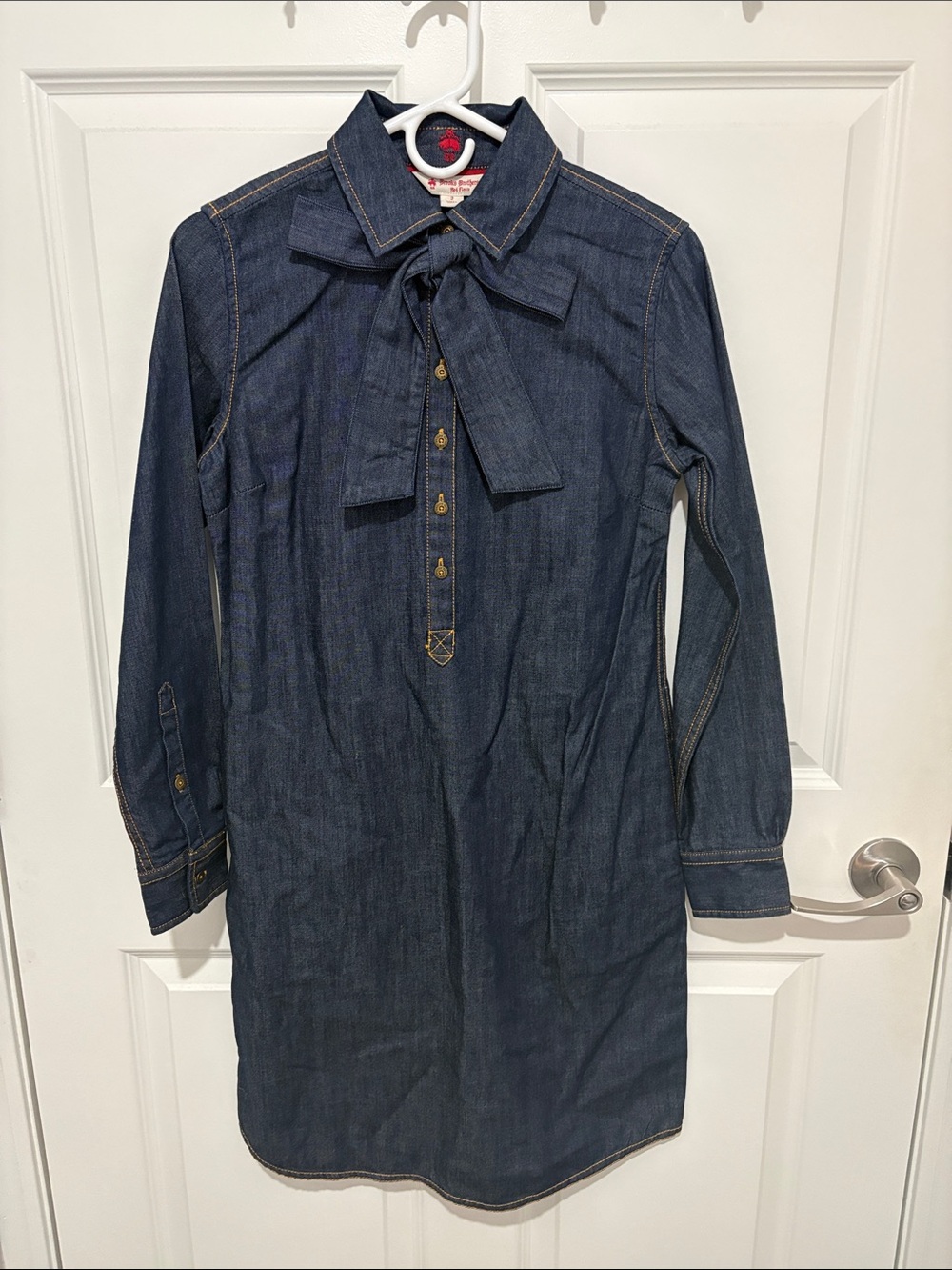 Brooks Brothers Dark Blue Denim Long Sleeve Tie-Neck Shirt Dress
